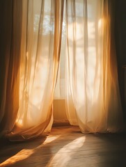 Aufkleber - Sunlight streaming through translucent curtains in a cozy minimal room creating a peaceful ambiance during morning hours