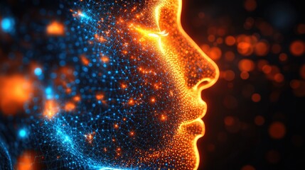Sticker - glowing face profile with dots and connecting lines. digital and vivid