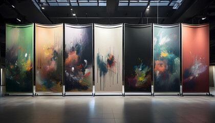Fototapete - Artistic partition panels with colorful abstract designs in a modern space