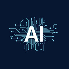 Wall Mural - artificial intelligence concept with circuits connecting to a white ai text in the center.