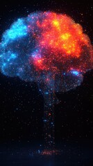 Wall Mural - Conceptual brain with cosmic nebula texture in blue, orange, and yellow tones against a dark background