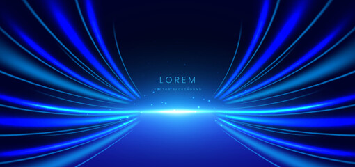 Wall Mural - abstract glownig blue curve ray with lighting effect and sparkle on dark blue background.