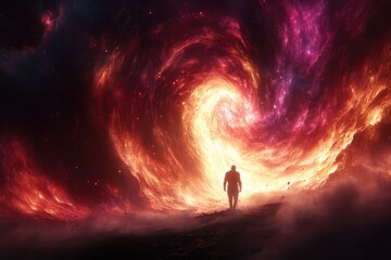Wall Mural - silhouette figure strolls towards a swirling cosmic vortex