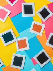 Poster - Colorful flat surface displays scattered white Polaroid frames ready for creative memories or artistic projects