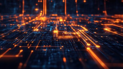 Abstract circuit board design.  Complex network of glowing lines