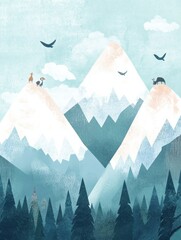 Aufkleber - Soft illustrated mountain landscape with fluffy clouds and tiny animals in a serene Lapki-inspired setting during daytime