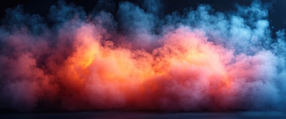 Wall Mural - mystical scene with a vibrant blend of orange, red, and blue smoke or clouds against a dark backgrou