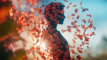 Poster - Soft wind swirls flower petals into a human shape, creating a mesmerizing blend of nature and movement at sunset