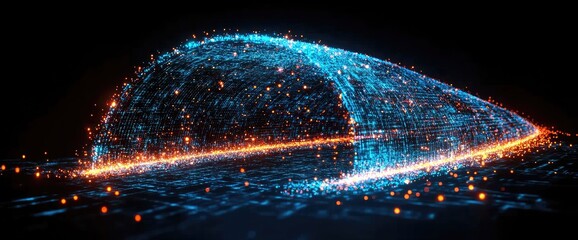 Sticker - abstract digital landscape with blue and orange particles on a dark background