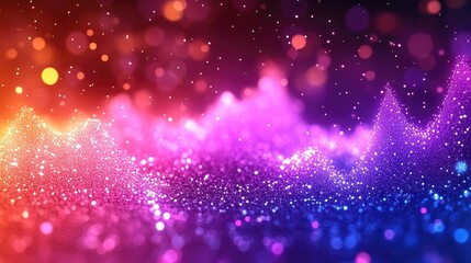 Wall Mural - Glowing waves flow with blurred vibrant color transitions, sparkles, and light points