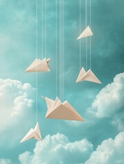 Aufkleber - Floating paper planes drift against a soft sky adorned with gentle clouds in a light and whimsical scene