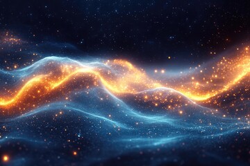 Wall Mural - waves of glittering blue and orange flow, like cosmic energy and light, with dark space