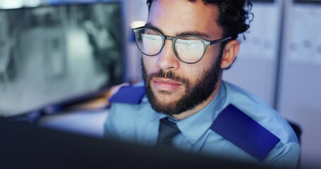 Poster - Computer, surveillance and thinking with man in control room for for monitoring, safety or security. CCTV, decision and video with police officer at government headquarters for law enforcement