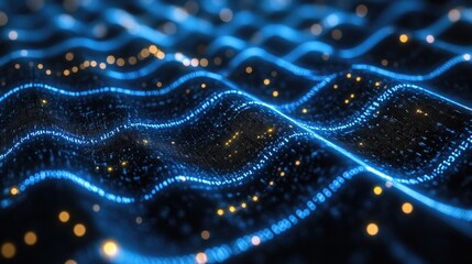 Sticker - wavy texture of glowing blue and gold dots create a dynamic surface effect, simulating depth and mov
