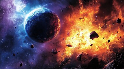 Wall Mural - A dramatic depiction of a planet near a fiery explosion in space