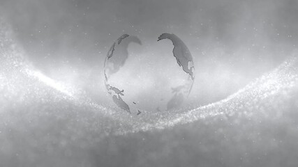 Wall Mural - black and white earth globe on silver white particles looped animation background.