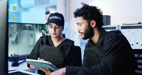 Poster - Talking, security guard or people with tablet or cctv in night and late shift for safety and video surveillance. Camera footage, teamwork and agents with technology in control room for protection