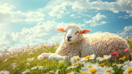 Poster - Soft sheep resting on green hill surrounded by colorful flowers under a bright spring sky in Lapki