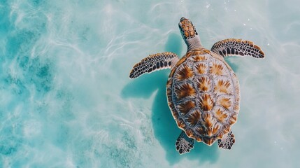Poster - Top view of a turtle with a unique patterned shell swimming in clear water against a minimalist background