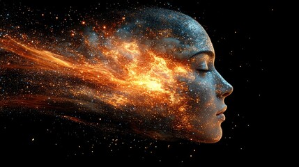 Wall Mural - a glowing cosmic human face with particles flowing, against a dark background