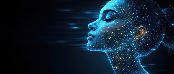 Sticker - digital woman profile. skin is made of glowing particles on dark background with eyes closed