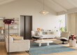 © Василь Чейпеш - Bright, inviting living room with high ceilings, soft lighting, and comfy furniture, 3d rendering