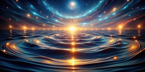 Wall Mural - Celestial Ocean A Dreamlike Seascape of Shimmering Waves and Glowing Stars at Sunset
