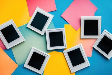 Leinwandbilder - Colorful flat surface with scattered white Polaroid frames creating a vibrant display for creative projects and visual storytelling