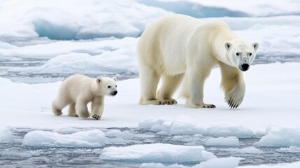 polar bear family walking on ice floes in the arctic wild environment
