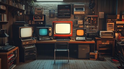 A retro-inspired workspace filled with vintage computers and a classic monitor, showcasing an array of nostalgic technology and design elements.
