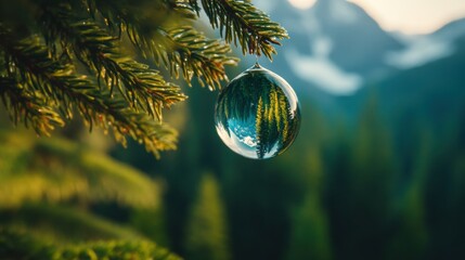 Aufkleber - Droplet reflects a serene mountain and forest landscape in macro detail during golden hour