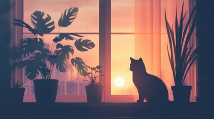 Leinwandbilder - Cozy indoor window with silhouette of cat and plants under pastel light at sunset