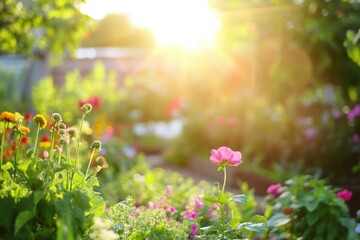 Fototapete - Vibrant garden sunlight illuminating colorful flowers and fresh vegetables in a tranquil outdoor setting