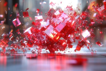 Wall Mural - Sparkling red cubes shatter into smaller pieces on a reflective surface, creating a visually dynamic abstract