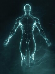 Aufkleber - Translucent human silhouette with glowing muscle system showcases futuristic anatomical visualization set against a dark background