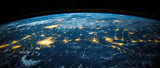 Wall Mural - Earth from space showing city lights at night, curved horizon, and stars in background