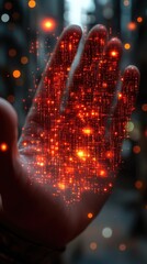 Sticker - hand outstretched, overlaid with a pixelated, glowing red pattern, and sparkling light effects