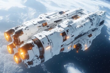 Wall Mural - Futuristic white spacecraft traversing a vast celestial expanse above a cloudy planet