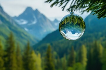 Fototapete - Droplet captures stunning reflection of mountain and forest landscape in tranquil nature setting