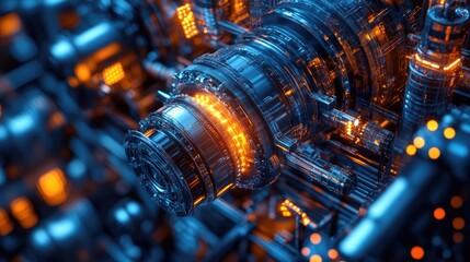 Sticker - abstract machinery with glowing orange and blue lights, intricate details, and industrial look
