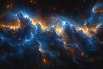 Wall Mural - celestial clouds glow, blue & gold hues paint a cosmic dreamscape of distant starlight