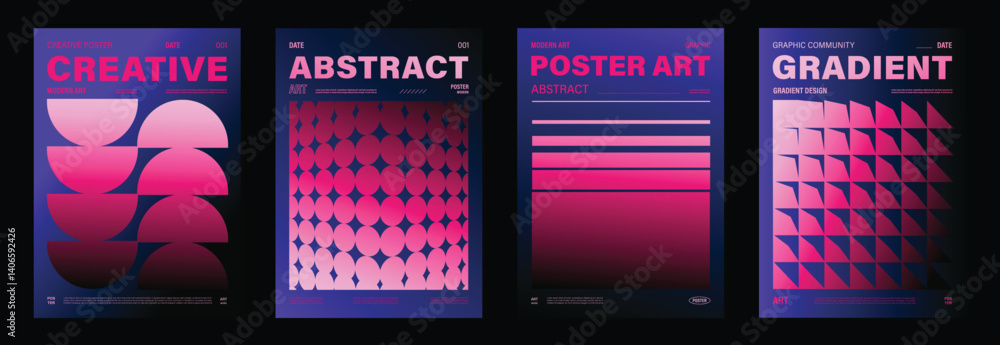 Modern gradient poster background vector set.Cover template with vibrant perspective geometric prism shapes in motion. Ideal design for social media, cover, banner, flyer.