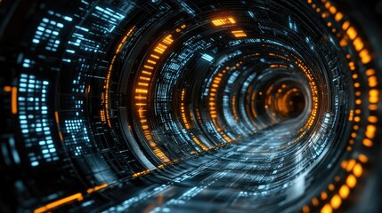 Sticker - futuristic tunnel with blue and orange digital elements. deep perspective, blurred