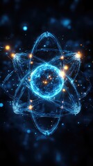 Canvas Print - glowing atom with orbits and nucleus shines on black. atomic structure with particles