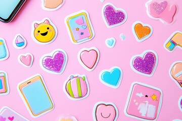 Poster - Y2K sticker set featuring glittery hearts, smileys, cellphones, and playful text bubbles on a soft pink background