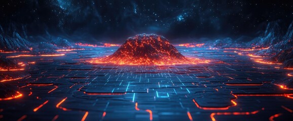 Sticker - digital landscape glows, featuring a central mountain and grid of circuitry, all under a starry sky