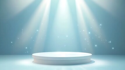 White round podium illuminating under spotlights on a blue background with sparkling particles creating a magical and elegant atmosphere for product presentations or awards ceremonies