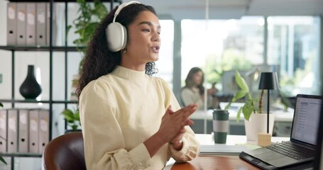 Aufkleber - Business woman, wave and video call with headphones for virtual meeting or online communication at office. Female person, employee or talking with smile on computer for remote discussion or chat