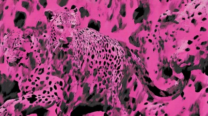 Wall Mural - A vibrant, patterned depiction of multiple leopards in a hot pink and black camouflage.