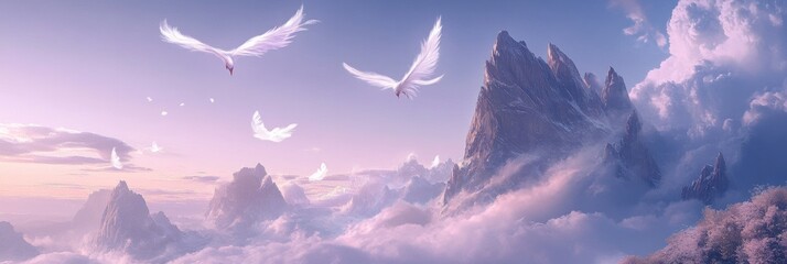 Aufkleber - Soft mountains rise under a pastel sky with floating feathers in the realm of Lapki, evoking a sense of tranquility and wonder